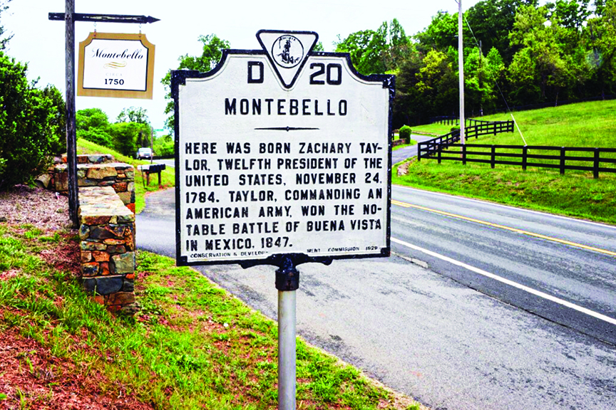 Roadside marker for Montebello, birthplace of Zachary Taylor in Gordonsville, Virginia