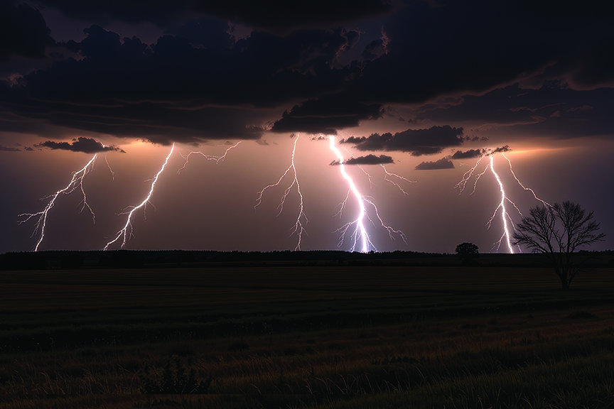 the sky fills with streaks of lightning above a darkened prairie, Generative AI