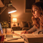 A woman works at night, illuminated by a desk lamp as she uses her laptop in a cozy room.