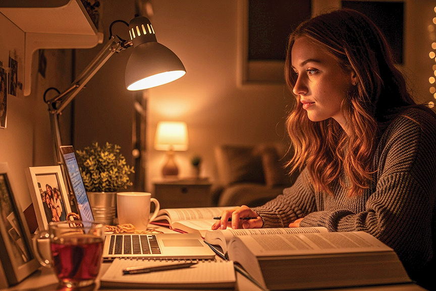 A focused woman works late into the night, illuminated by a desk lamp as she uses her laptop in a cozy room.