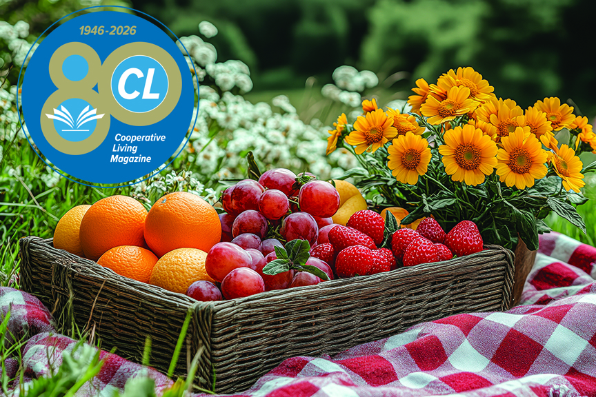 A woven basket filled with oranges, grapes, strawberries, and other fruits sits on a checkered blanket among wildflowers, creating a vibrant and inviting outdoor picnic setting.