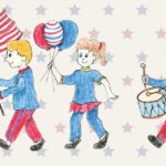 Illustration of three children marching in a parade with patriotic gear