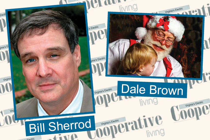 Headshot of Bill Sherrod and photo of Dale Brown, as Santa, with young child on lap