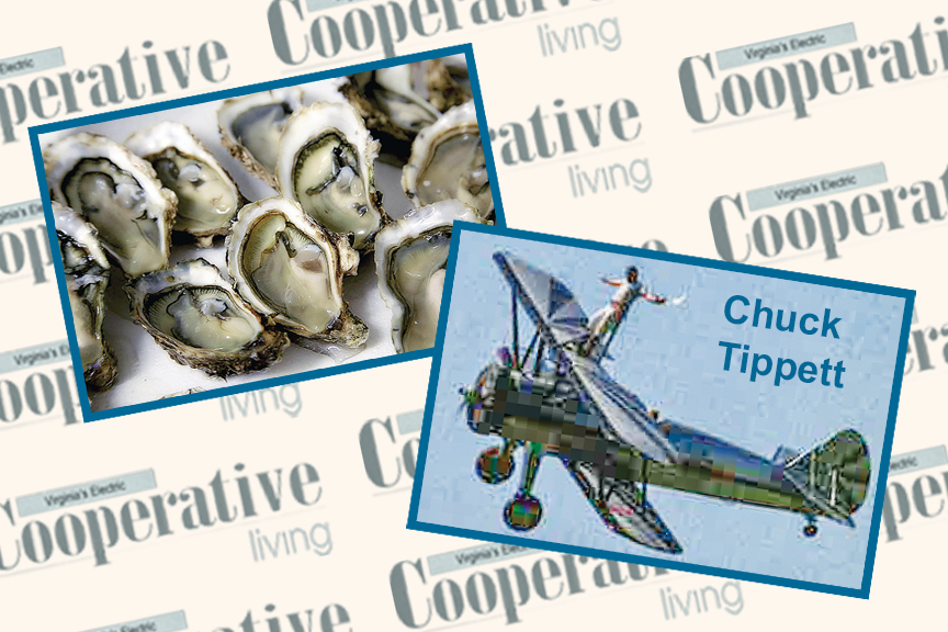 Image of oysters and photo of wingwalker Chuck Tippett standing on airplane 
