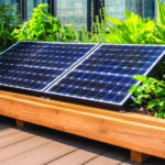 Sustainable rooftop garden with solar panels and lush greenery