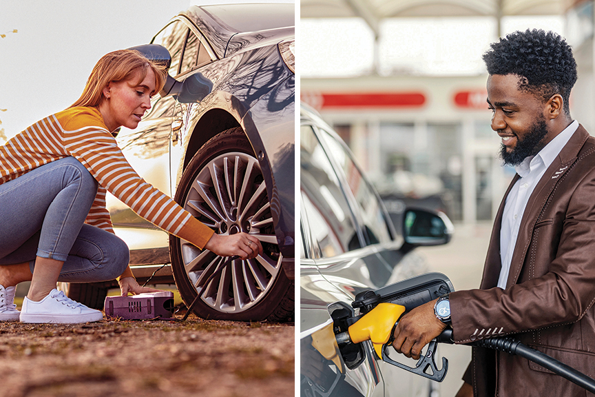 Compilation shows photo of woman checking tire presuure on one of her car's back tires; another photo shows man in brown jacket pumping gas