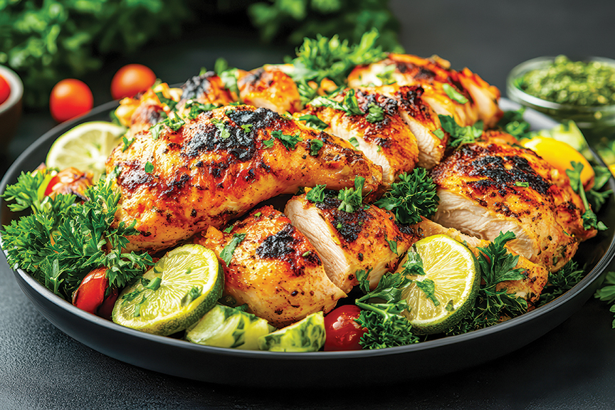 Whole roasted chicken garnished with fresh herbs and lime slices, served on black plate