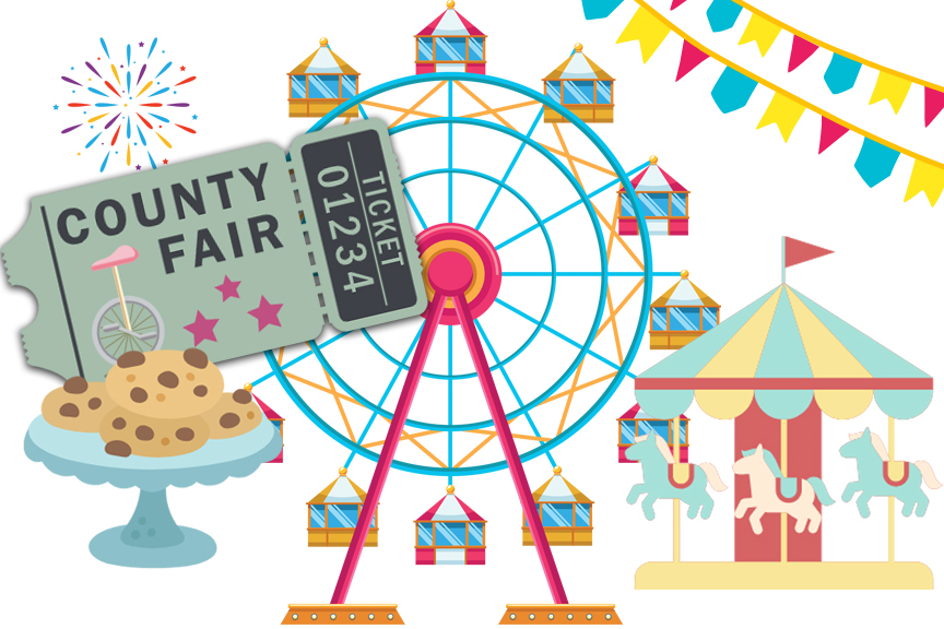 Illustration depicting cunty fair tickets, ferris wheel, banner, carousel and plate of cookies