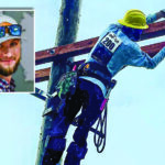 Photocomposition of a smiling young man with a beard and baseball cap, inset over a photo of a lineworker scaling a utility pole.