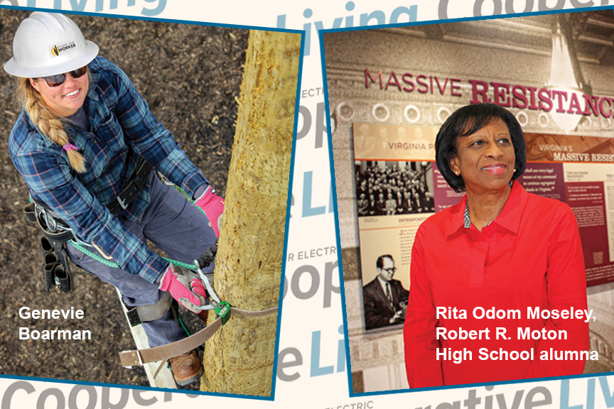 Photo compilation shows female lineworker on left and woman posing in front of Massive Resistance exhibit on left