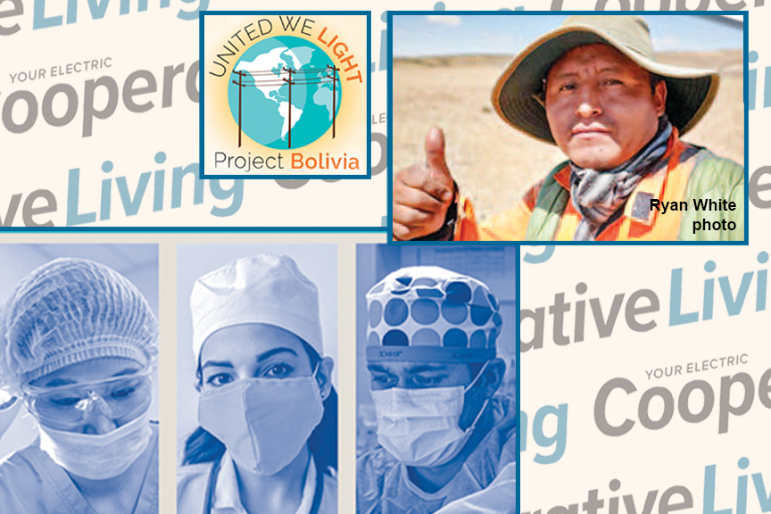 A picture of three doctors wearing masks during the COVID pandemic; United We Light Project Bolivia logo; Lineworker giving thumbs-up