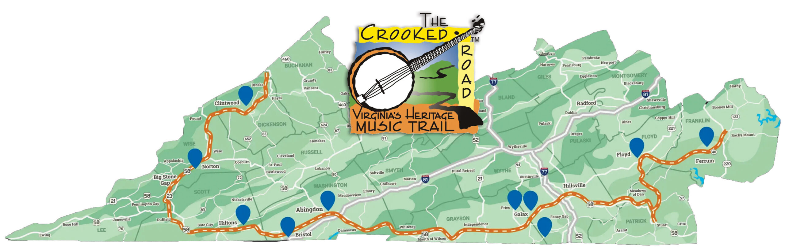 Crooked Trail logo atop map showing 330-mile driving trail through the mountains of Southwest Virginia