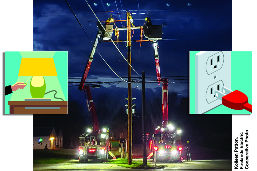 Lineworkers repair power lines from two side-by-side bucket trucks at night.