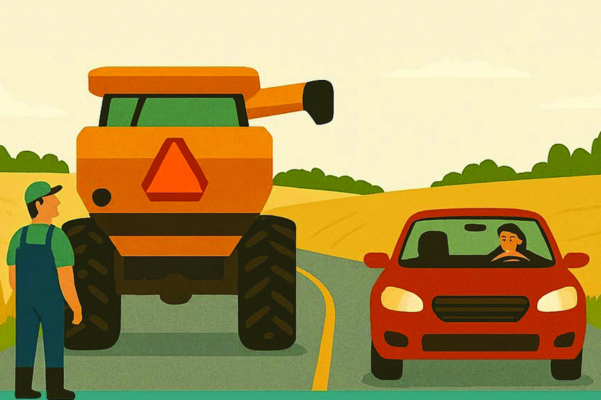 Graphic shows farm vehicle equipped with slow moving vehicle sign and another motorist in a red sedan