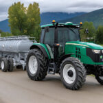 A green agricultural tractor towing a tanker trailer drives along a dirt road, surrounded by vibrant fields and mountains.