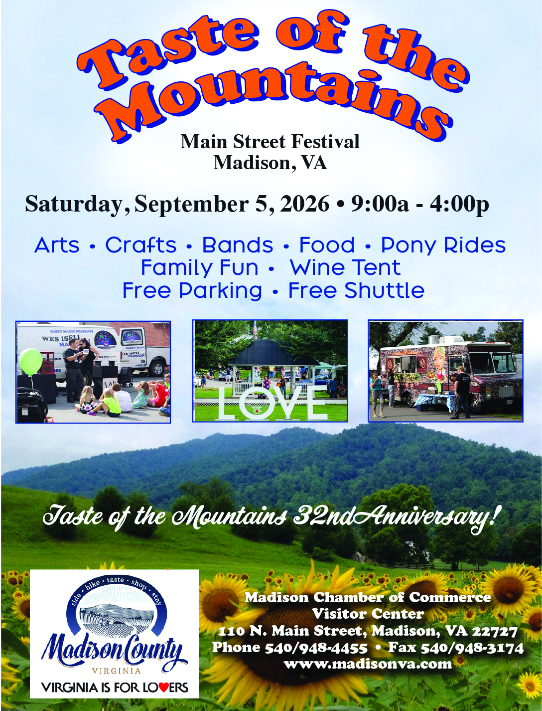 Taste of the Mountains. Main Street Festival. Madison, Virginia. Saturday, Sept. 5, 2026. 9 a.m. to 4 p.m. Arts, Crafts, Bands, Food, Pony Rides, Family Fun, Wine Tent, Free Parking, Free Shuttle