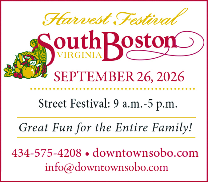 Flyer promoting South Boston Harvest Festival, happening September 22, 2026, from 9 a.m. to 5 p.m. Great fun for the entire family!