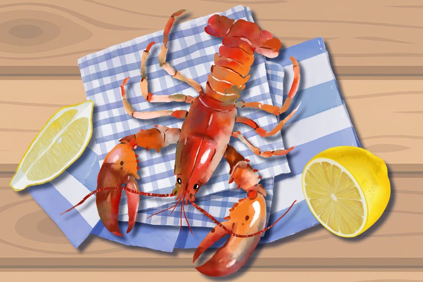 Illustration depicts lobster on blue gingham napkins on wooden table. Half a lemon and a lemon slice are on the side.