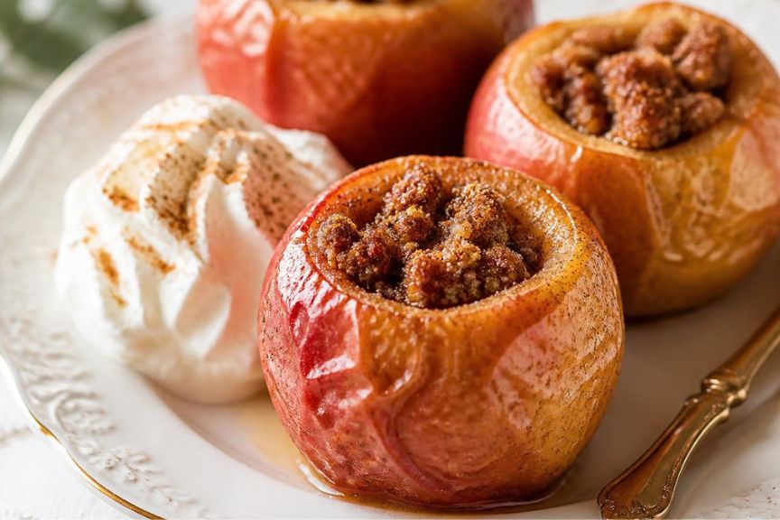 Generated image of baked apples on serving plate with cream