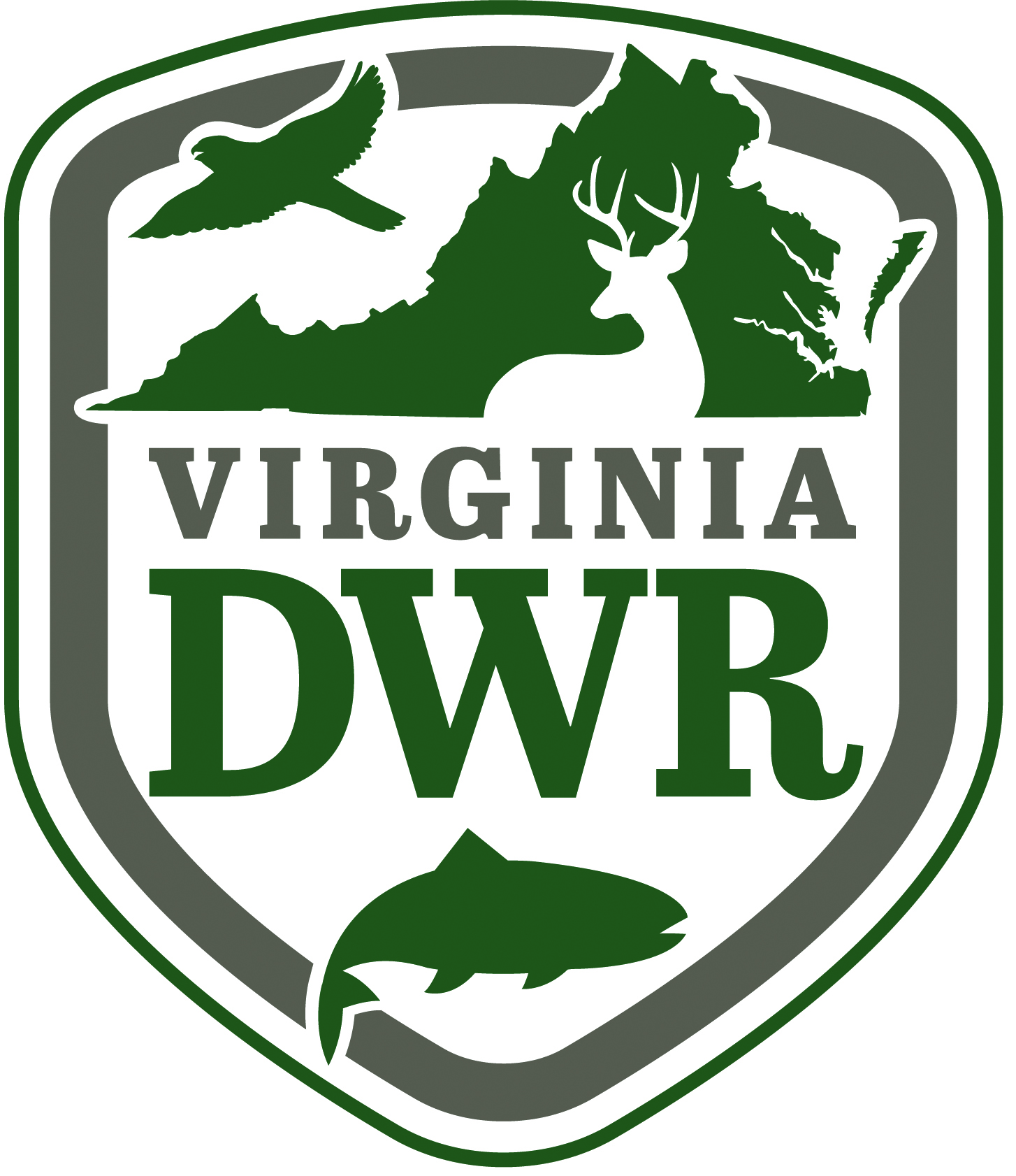 Virginia DWR logo, showing outline of Virginia, deer, birds and fish