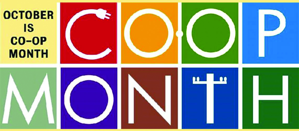 Colorful grid logo reading "October is Co-op Month" with letter-shaped power cord, power pole, and electrical graphics.