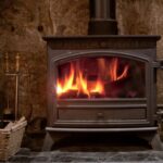 A fire burns in a woodstove