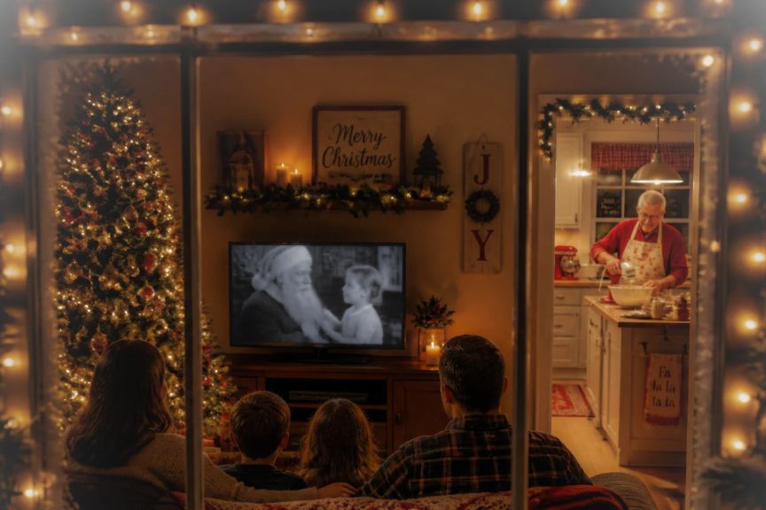 AI-generated image showing view through window framed by holiday lights into home showing family on couch watching Christmas movie while Grandpa is in the kitchen, mixing dough for holiday cookies with an electric mixer. A brightly lit Christmas tree is in the corner.