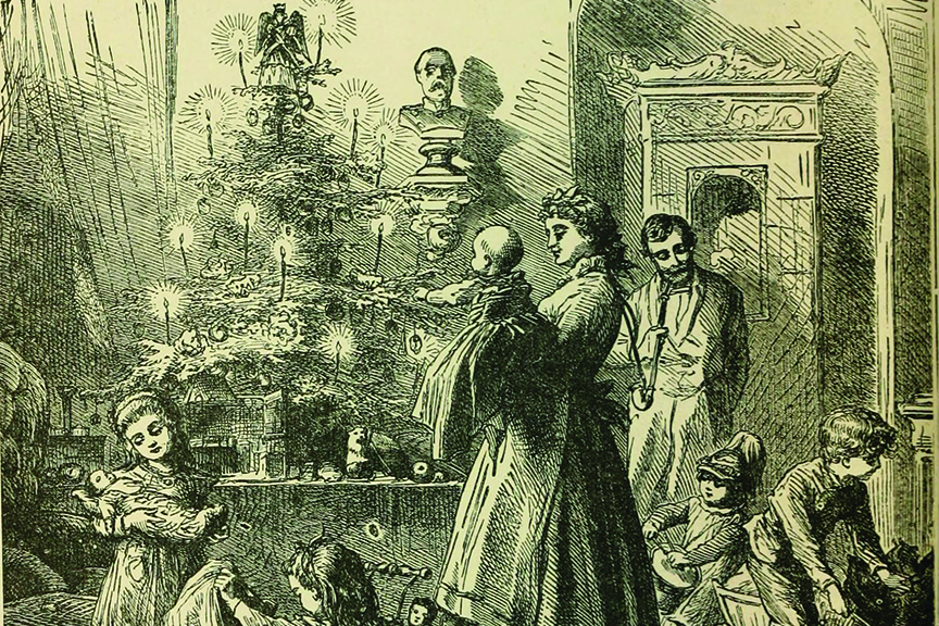 In this 1888 German children's book illustration, a mother, father and several children gather around a tree lit by wax candles.